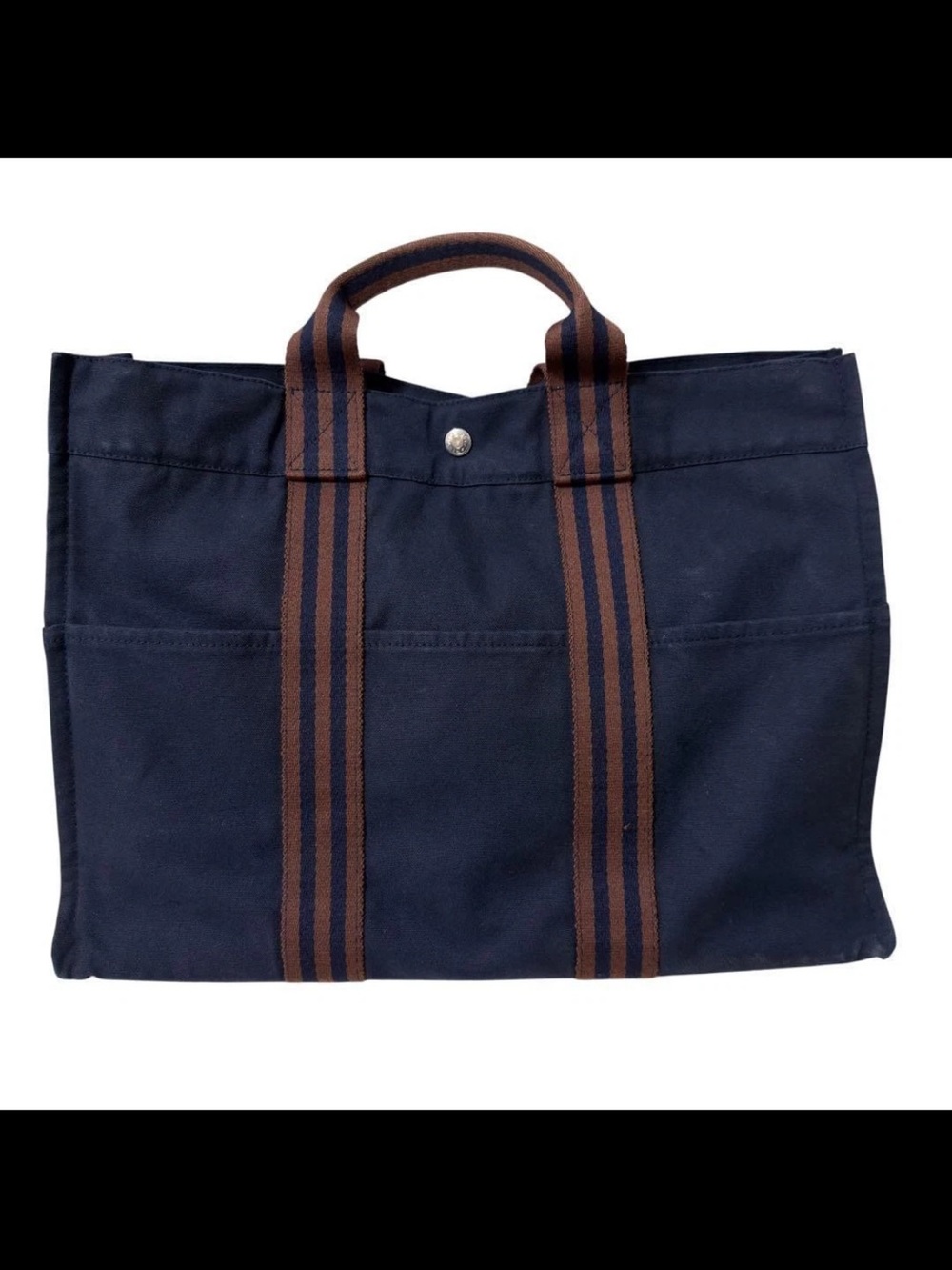 Hermes Navy Canvas Tote with Brown Striped Web Handles